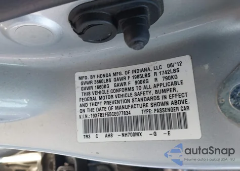 2012 Honda Civic Lx из США, поврежденный, VIN 19XFB2F55CE077834